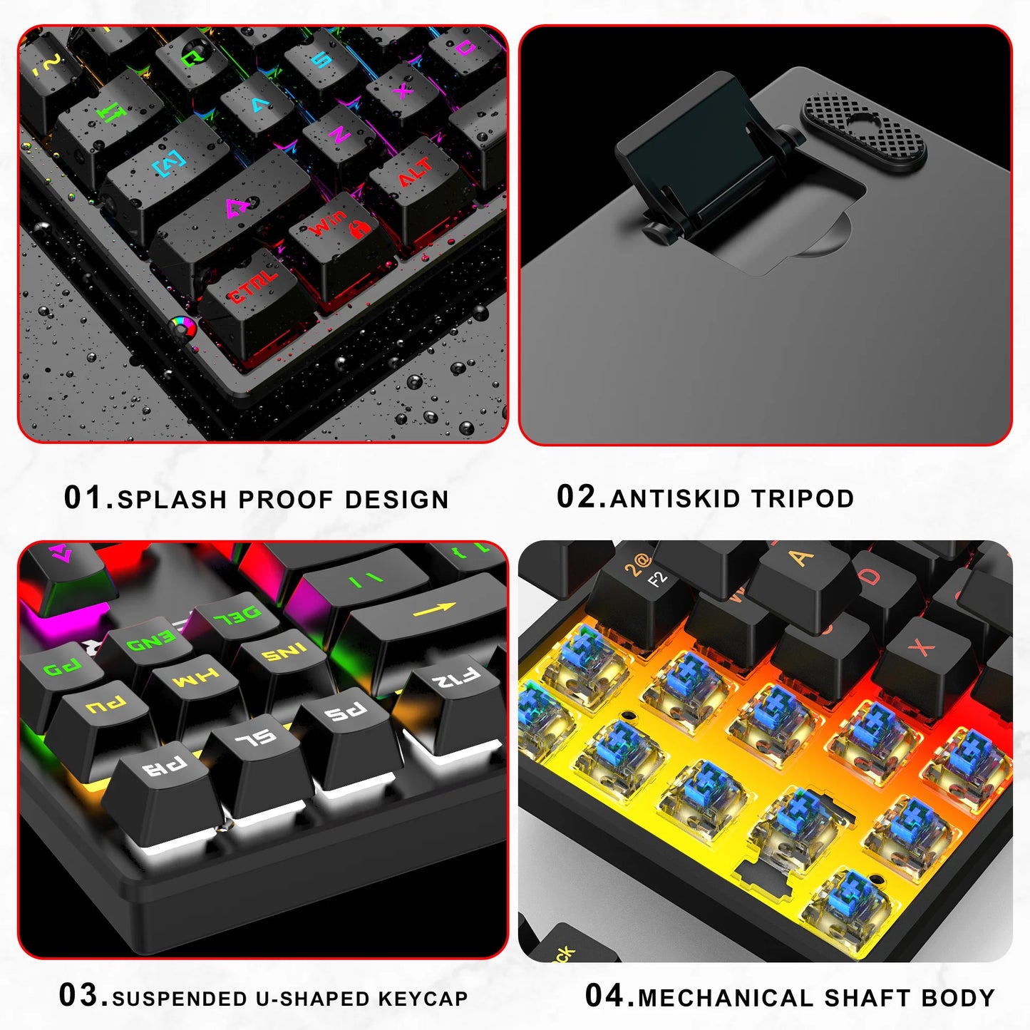 61 Keys Mechanical Keyboard Wired Gaming Keyboard for Laptop Desktop Ergonomics RGB Backlit Cyan Axis Keycaps PC Accessories