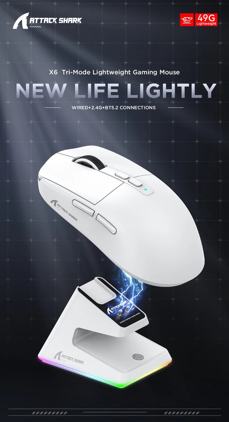 Attack Shark X6 PAW3395 Bluetooth Mouse,Tri-Mode Connection,RGB Touch Magnetic Charging Base,Macro Gaming Mouse
