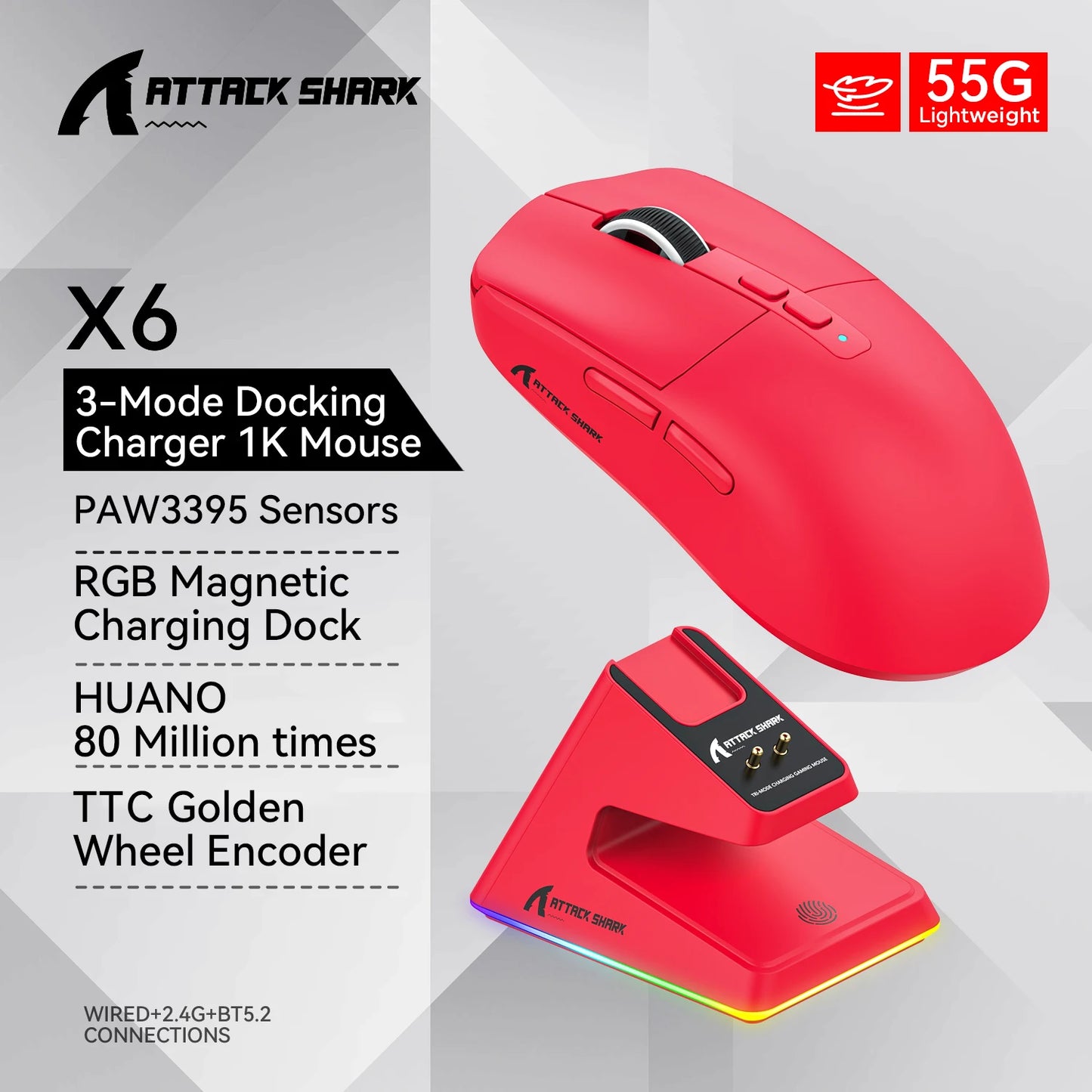 ATTACK SHARK X6 Mouse,PAW3395 Bluetooth Tri-Mode Connection,RGB Touch Magnetic Charging Base,Macro Gaming Mouse