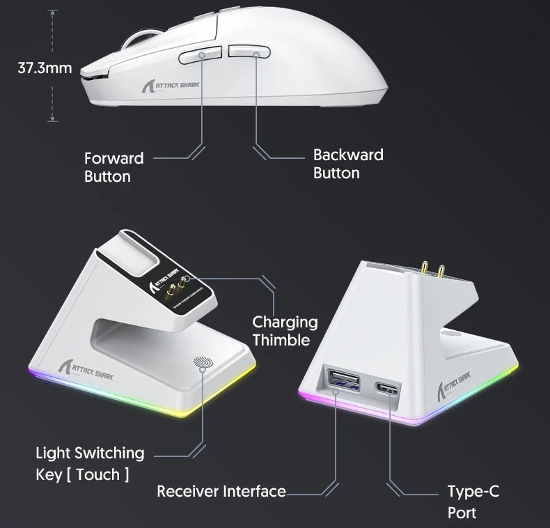 Attack Shark X6 PAW3395 Bluetooth Mouse,Tri-Mode Connection,RGB Touch Magnetic Charging Base,Macro Gaming Mouse