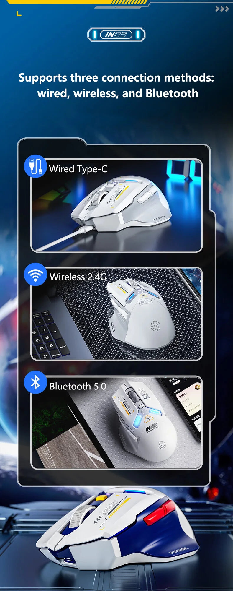 Inphic IN9 Wireless Gaming Mouse Rechargeable PAW3311 Bluetooth Mouse RGB Lighting Effect Desktop Computer Laptop Universal