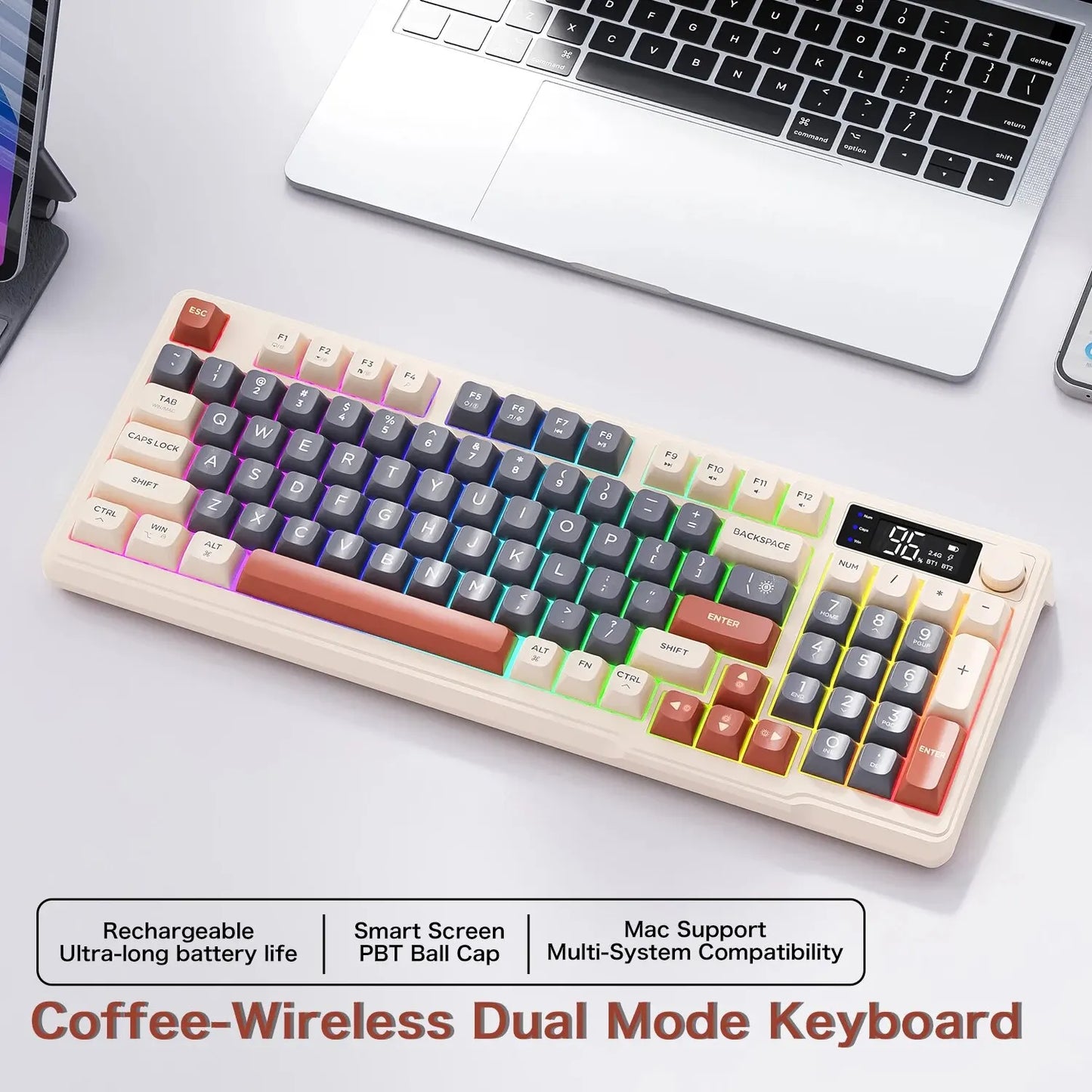 FreeWolf M96 Wireless Keyboard with Screen,Gaming Keyboard Bluetooth Dual-Mode Connection,Multi-Device Linking,Ergonomic