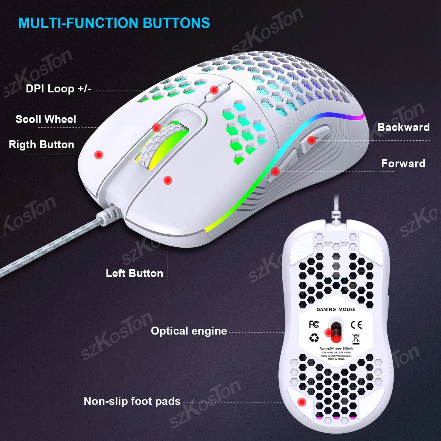 Honeycomb Wired Gaming Mouse RGB Backlight 7200 Adjustable DPI Ergonomic USB Computer Mice for Windows PC & Laptop Gamers