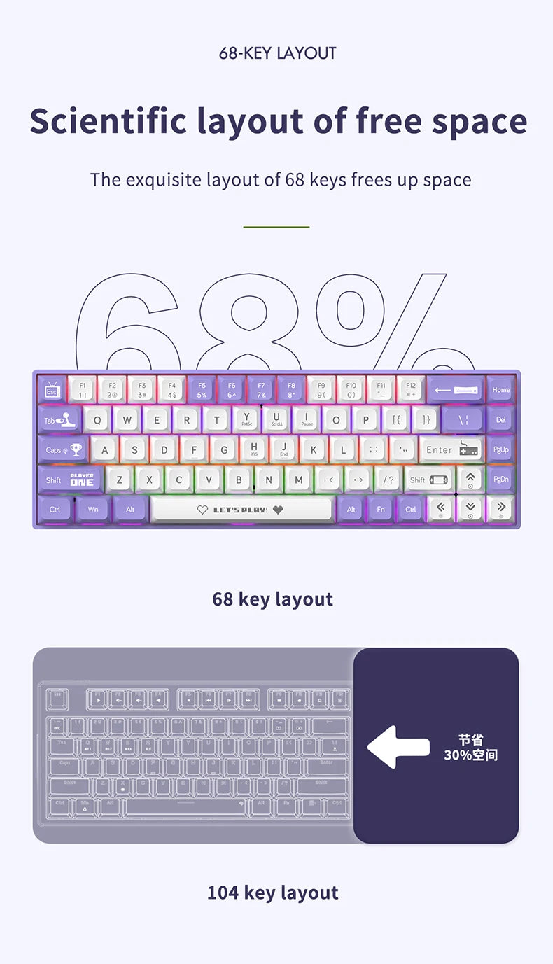AJAZZ AK680 Gaming Mechanical Keyboard ABS Keycap 68 Keys Wired Wireless Bluetooth Keyboard Hot Swap Custom Gasket for Pc Laptop