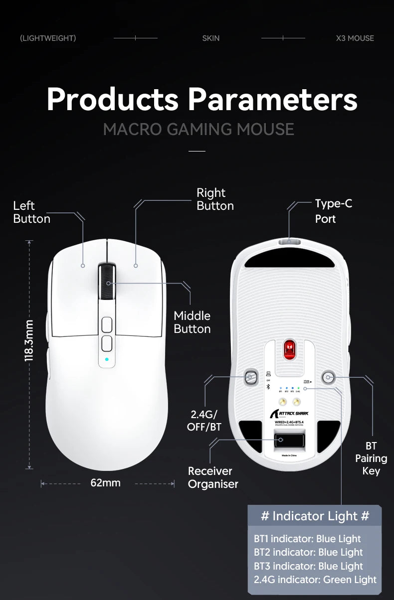 Attack Shark X6 PAW3395 Bluetooth Mouse,Tri-Mode Connection,RGB Touch Magnetic Charging Base,Macro Gaming Mouse