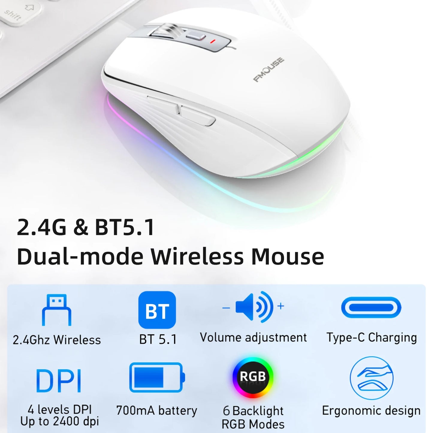 Dual-mode Wireless Mouse USB2.4G+BT5.1 Type-C Rechargeable Gaming Mouse Ergonomic Design 2400 DPI with RGB Light Mice