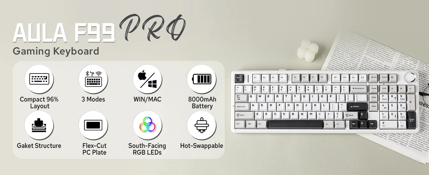 Aula F99 PRO 96% Mechanical Gaming Keyboard BT5.0/USB-C/2.4G Wireless Hot Swappable Gasket Custom Keyboard With 8000mAH Battery
