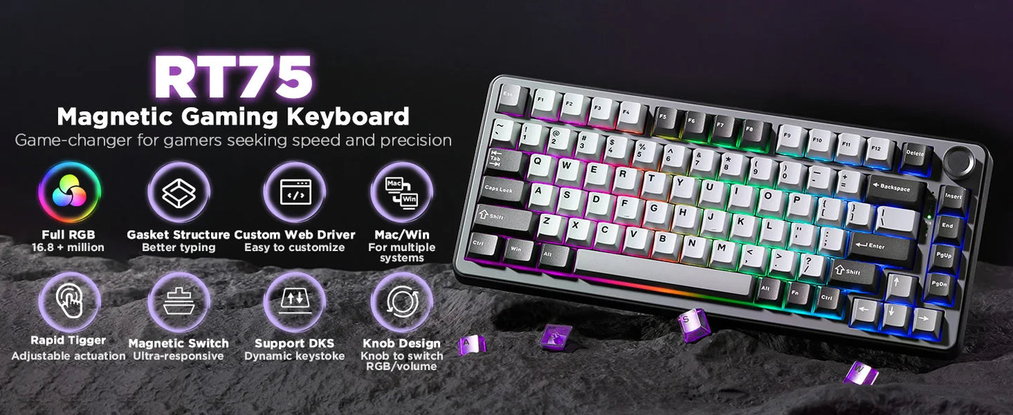 YUNZII RT75 Rapid Trigger Gaming Keyboard, Hall Effect Magnetic Mechanical Keyboards for Gamers, RGB 75% Keyboard for Mac/Win