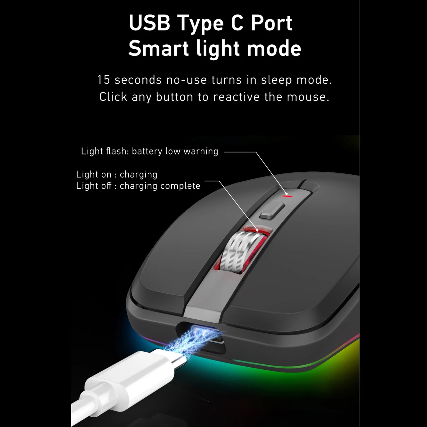 Dual-mode Wireless Mouse USB2.4G+BT5.1 Type-C Rechargeable Gaming Mouse Ergonomic Design 2400 DPI with RGB Light Mice