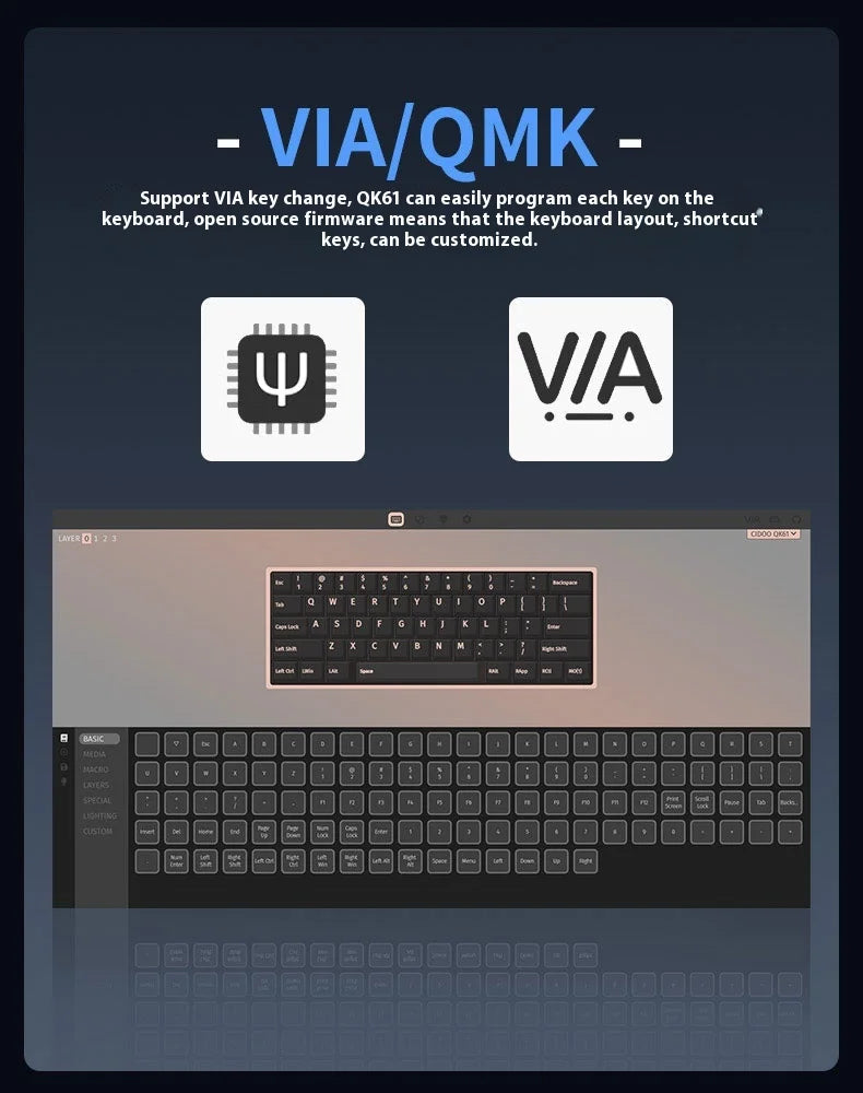 Cidoo QK61 VIA/Qmk Mechanical Keyboard 3-Mode 2.4G Bluetooth Wireless Wired Gasket Customization Gaming keyboard For PC Laptop