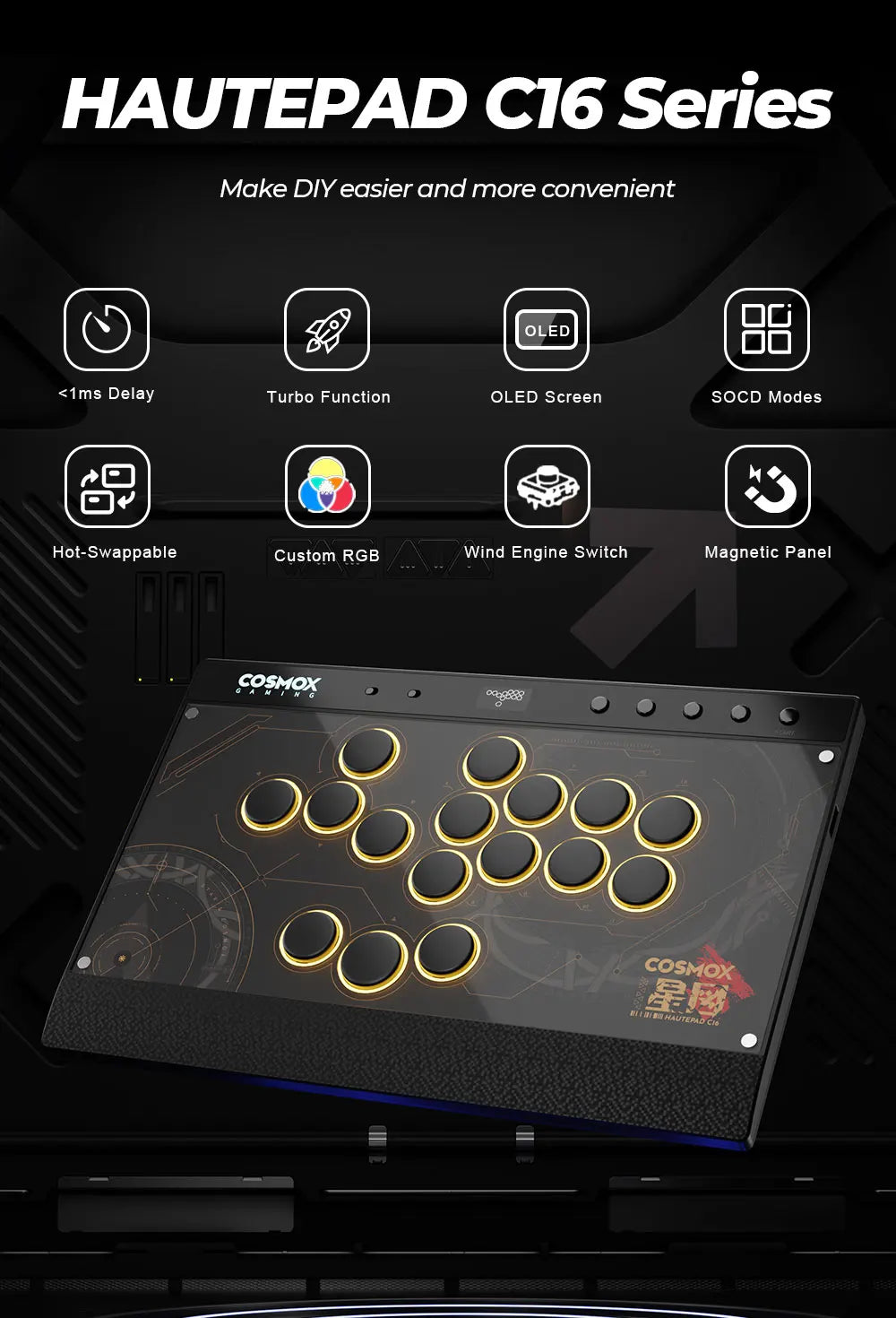 Haute42 C16 Magnetic Hitbox Leverless Arcade Stick Controller For Ps4 /PS5/Switch Button Rim Stickless Hitbox Fightstick