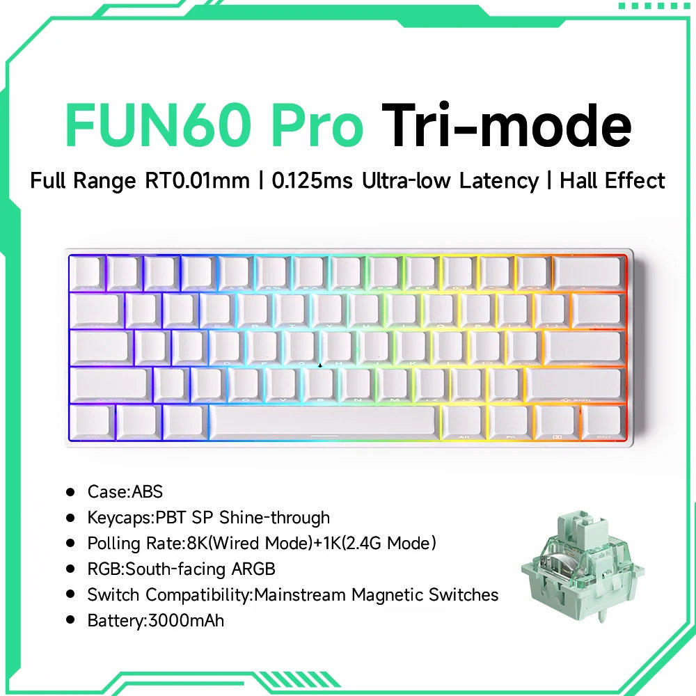 MONSGEEK FUN60 Mechanical Keyboard Magnetic Switch 60% Gaming Keyboard Rapid Trigger 0.01 mm 8K HE/TMR eSports Custom Keyboard