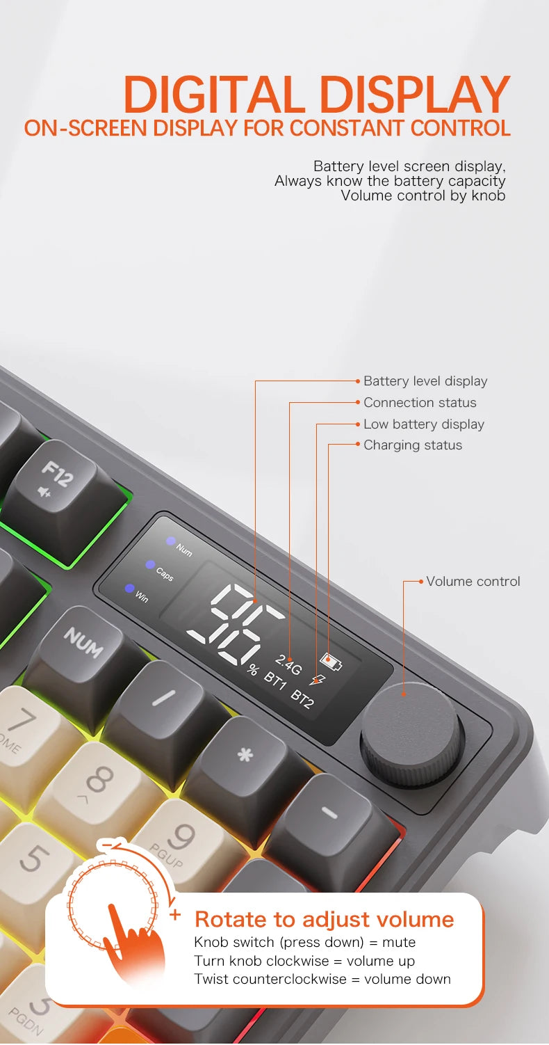 FreeWolf M96 Wireless Keyboard with Screen,Gaming Keyboard Bluetooth Dual-Mode Connection,Multi-Device Linking,Ergonomic
