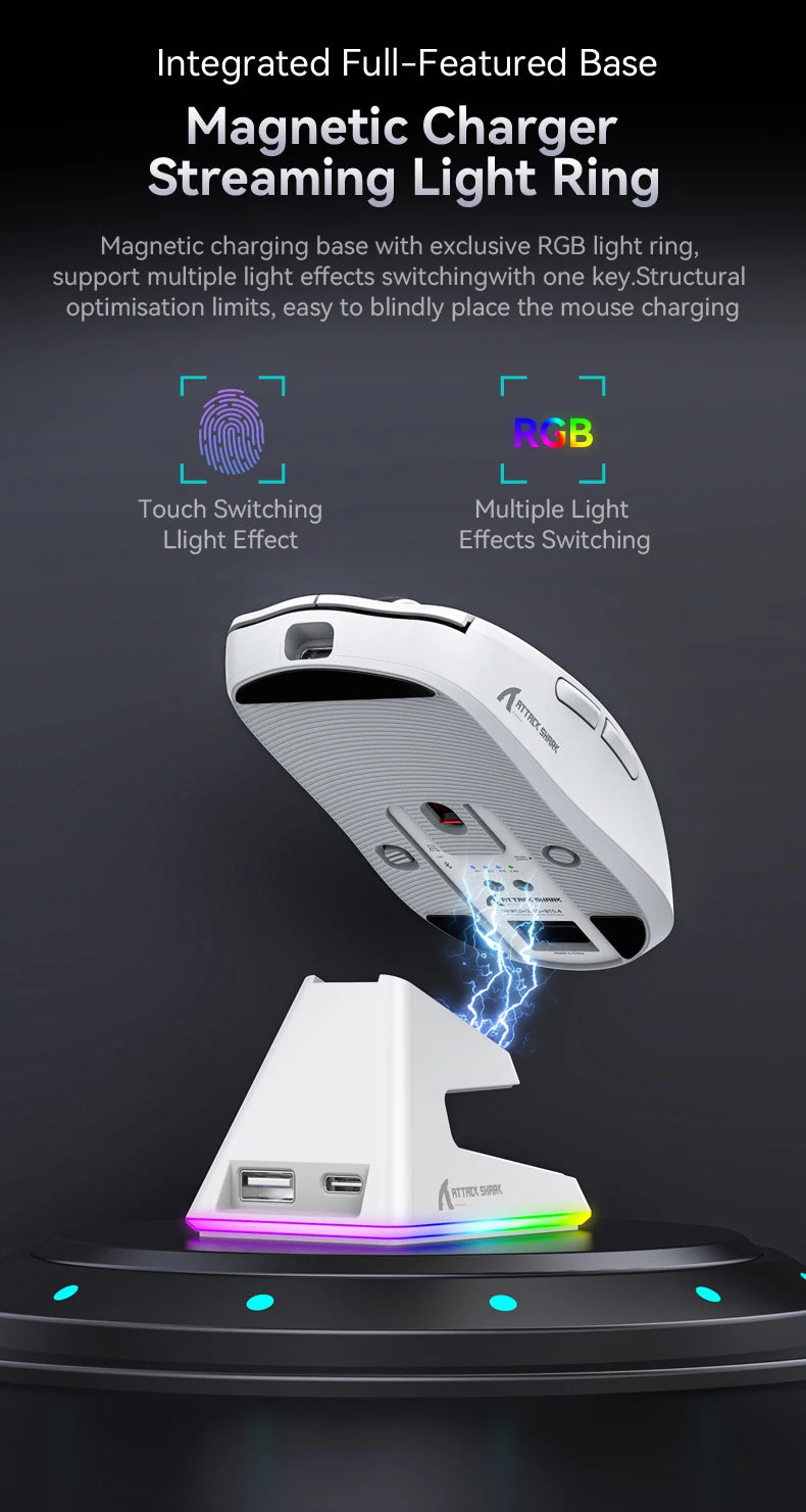 Attack Shark X6 PAW3395 Bluetooth Mouse,Tri-Mode Connection,RGB Touch Magnetic Charging Base,Macro Gaming Mouse