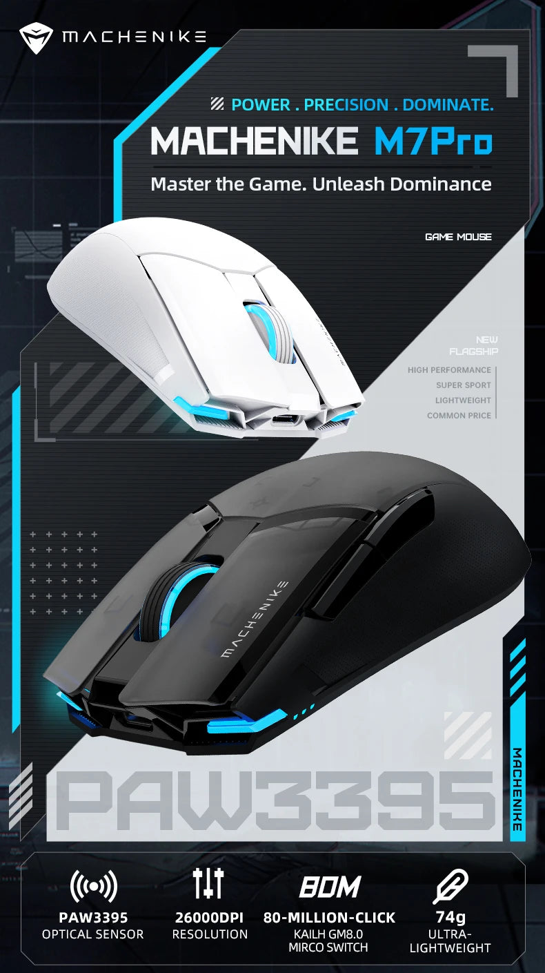 Machenike M7 Pro Gaming Mouse USB Wired 2.4GHz Wireless Mouse PAW3395 26000DPI 650IPS 7 Button 74g RGB For Laptop PC Mouse Gamer
