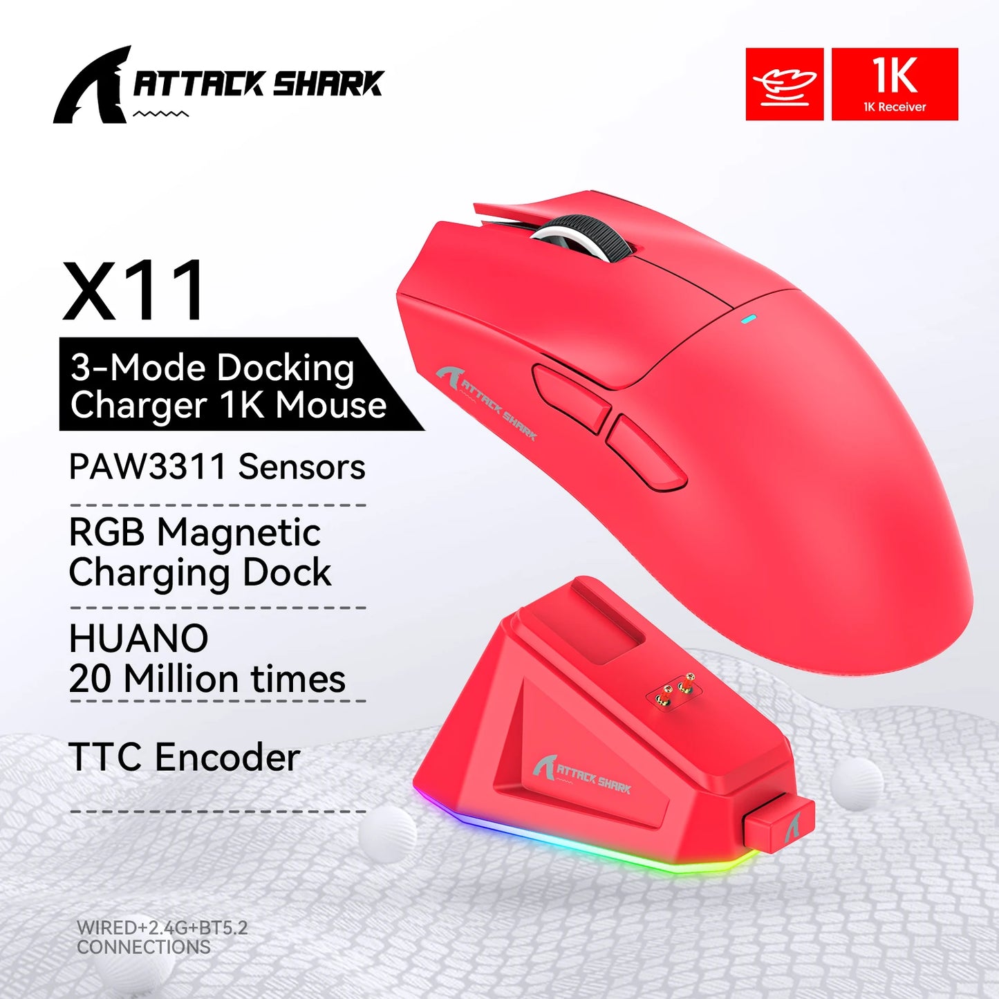 Attack Shark X11 3-Mode Connection /2.4GHz/Bluetooth ,PAW3311 ,400IPS,22K000DPI,RGB ,PC  Wireless Gaming Mouse