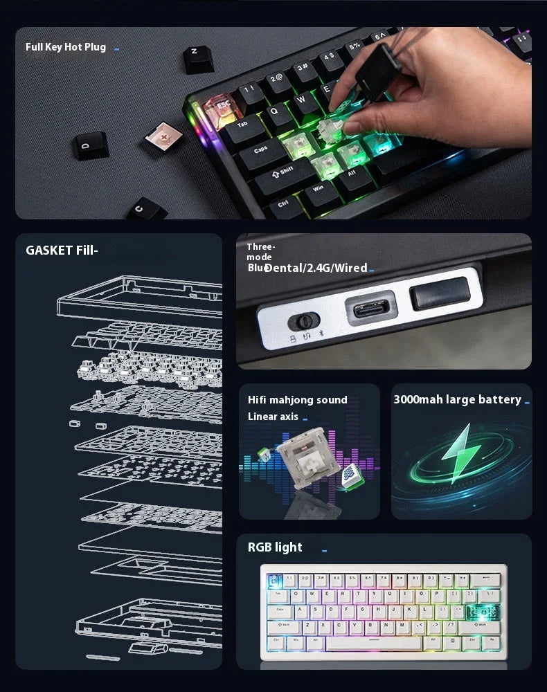 Cidoo QK61 VIA/Qmk Mechanical Keyboard 3-Mode 2.4G Bluetooth Wireless Wired Gasket Customization Gaming keyboard For PC Laptop