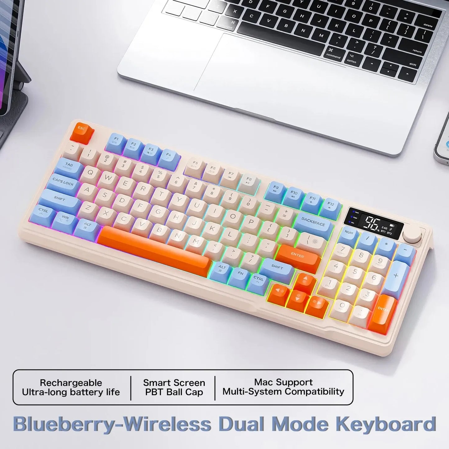 FreeWolf M96 Wireless Keyboard with Screen,Gaming Keyboard Bluetooth Dual-Mode Connection,Multi-Device Linking,Ergonomic