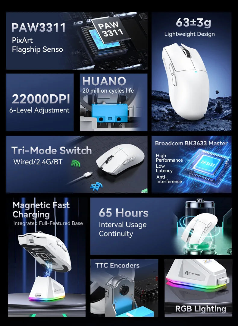 Attack Shark X11 PAW3311 Bluetooth Mouse, Triple Mode Connectivity, Touch Magnetic Charging Dock, Ultra-Light Gaming Mouse