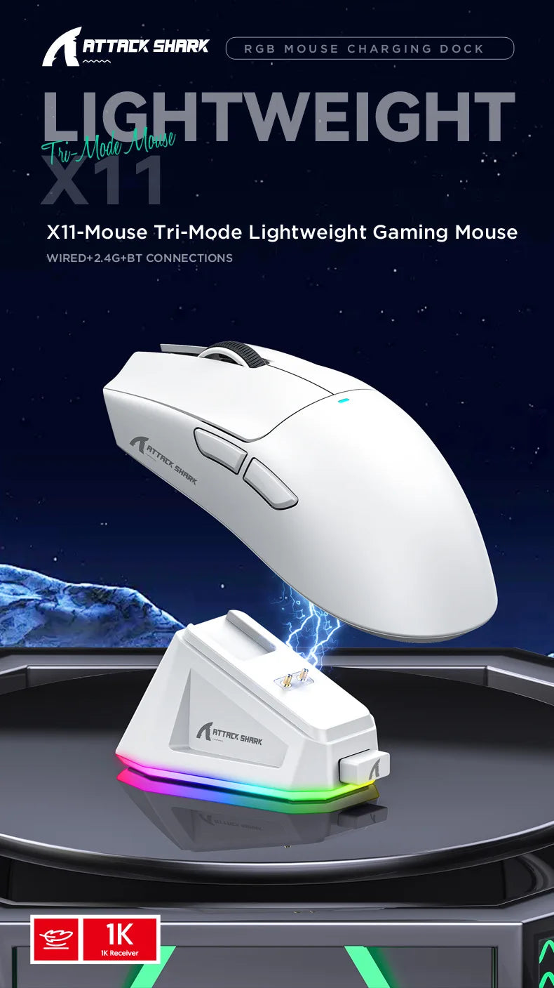 Attack Shark X11 PAW3311 Bluetooth Mouse, Triple Mode Connectivity, Touch Magnetic Charging Dock, Ultra-Light Gaming Mouse