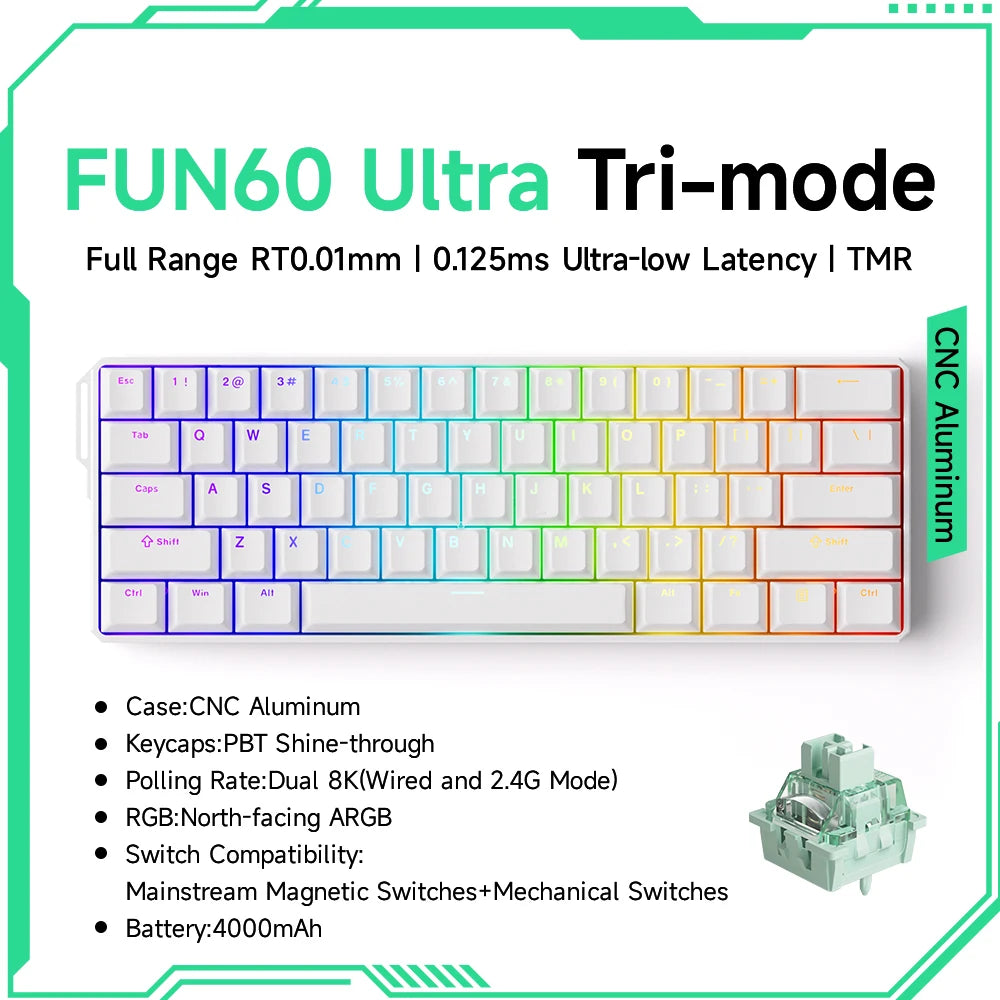 MONSGEEK FUN60 Mechanical Keyboard Magnetic Switch 60% Gaming Keyboard Rapid Trigger 0.01 mm 8K HE/TMR eSports Custom Keyboard
