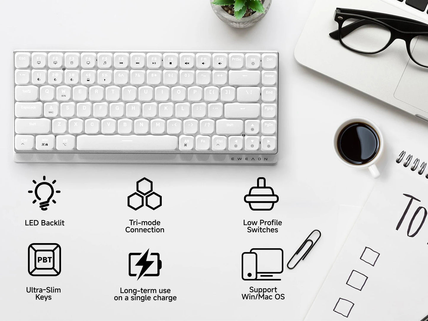 EWEADN MK84 Low Profile Gaming Mechanical Keyboard silent Wireless Bluetooth 3mode Portable Slim Keyboard aluminum alloy panel