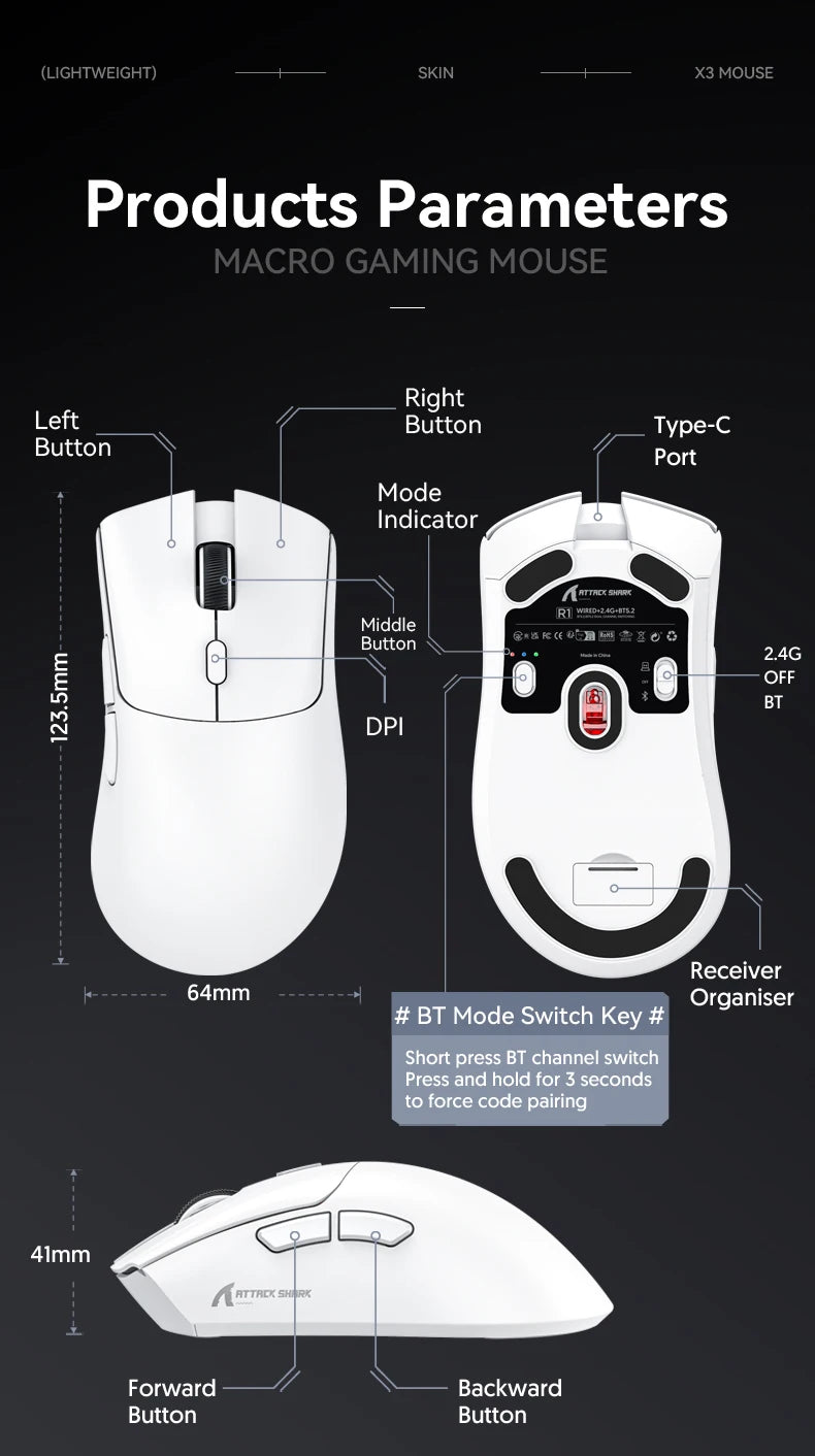 Attack Shark R1 1000Hz Bluetooth Mouse,18000dpi,PAW3311,Tri-mode Connection, Macro Gaming Mouse