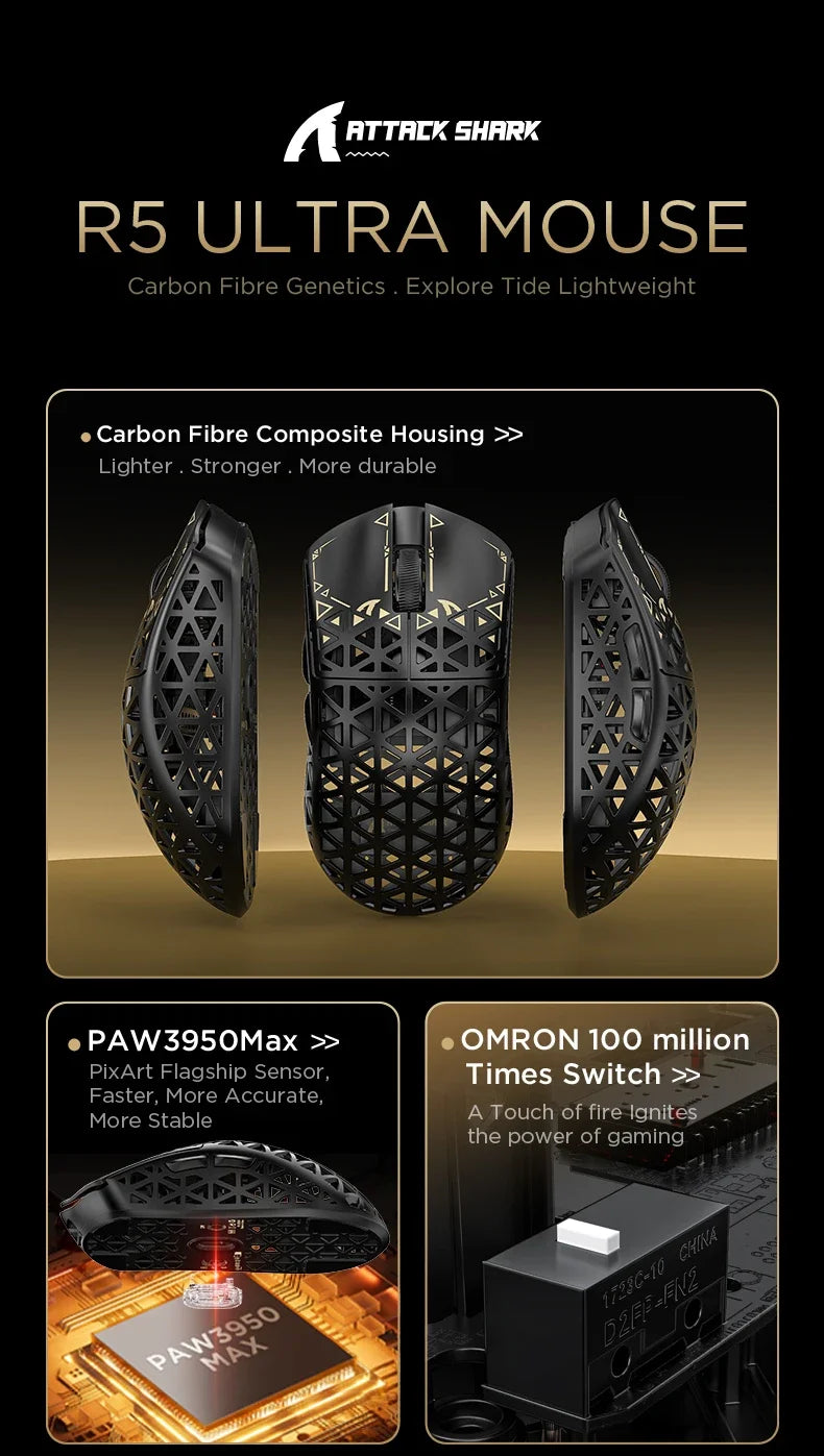 ATTACK SHARK R5 Ultra Carbon Fiber Wireless Gaming Mouse PixArt PAW3950MAX Gaming Sensor 42000DPI 8000Hz MCU Nordic 52840 For PC