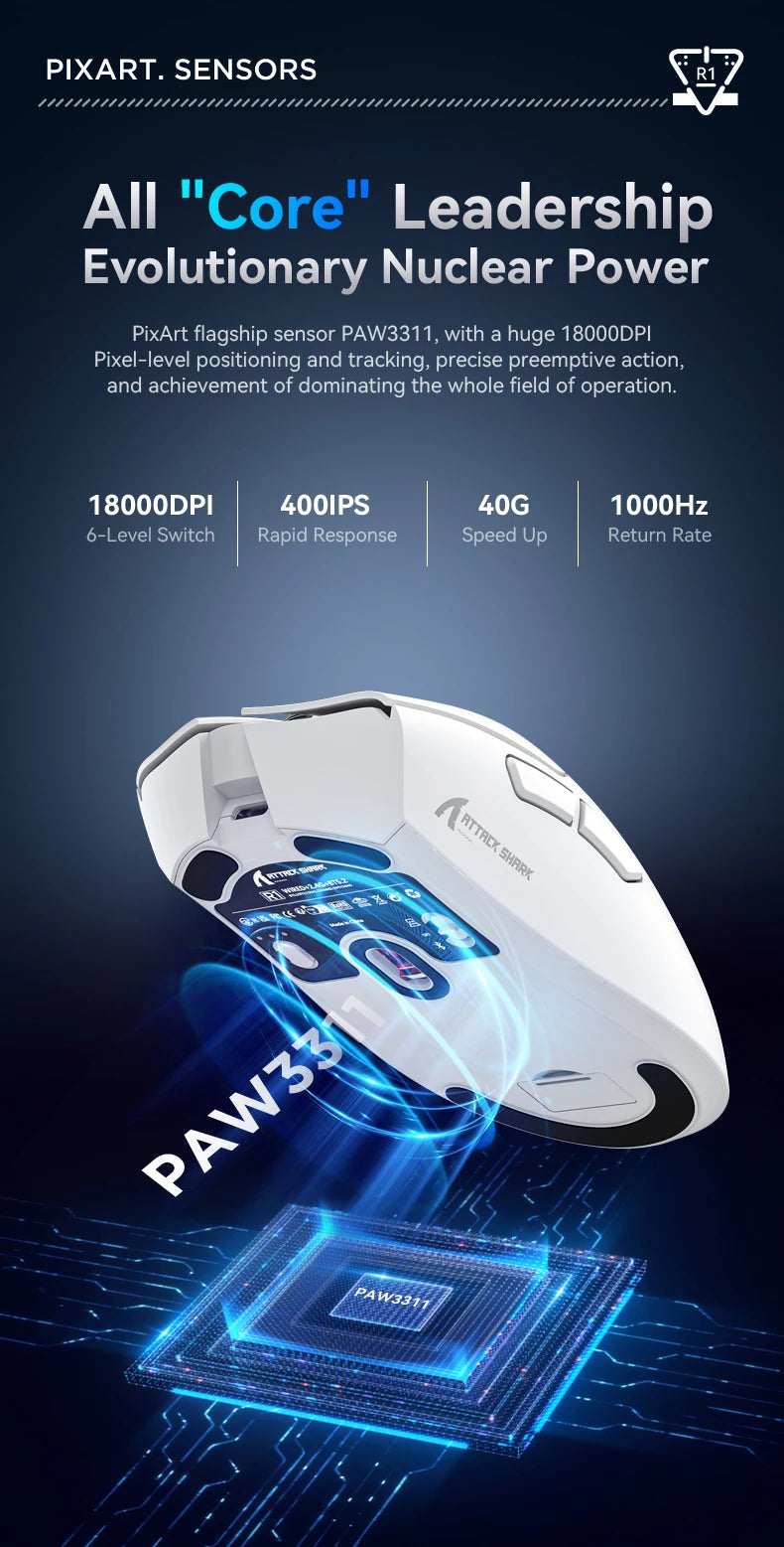 Attack Shark R1 1000Hz Bluetooth Mouse,18000dpi,PAW3311,Tri-mode Connection, Macro Gaming Mouse