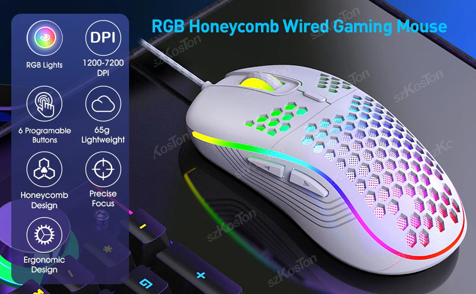 Honeycomb Wired Gaming Mouse RGB Backlight 7200 Adjustable DPI Ergonomic USB Computer Mice for Windows PC & Laptop Gamers
