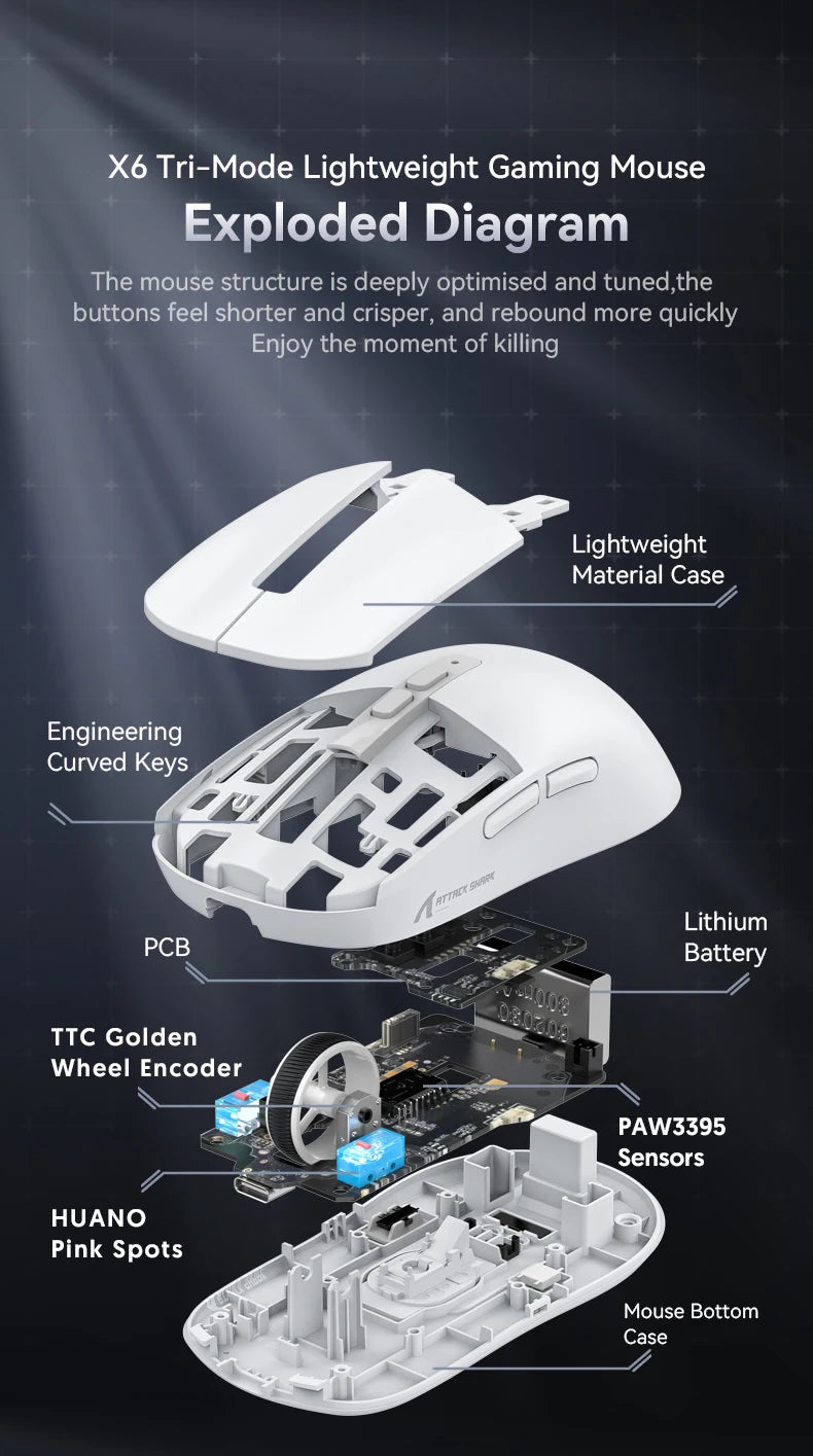 ATTACK SHARK X6 Mouse,PAW3395 Bluetooth Tri-Mode Connection,RGB Touch Magnetic Charging Base,Macro Gaming Mouse