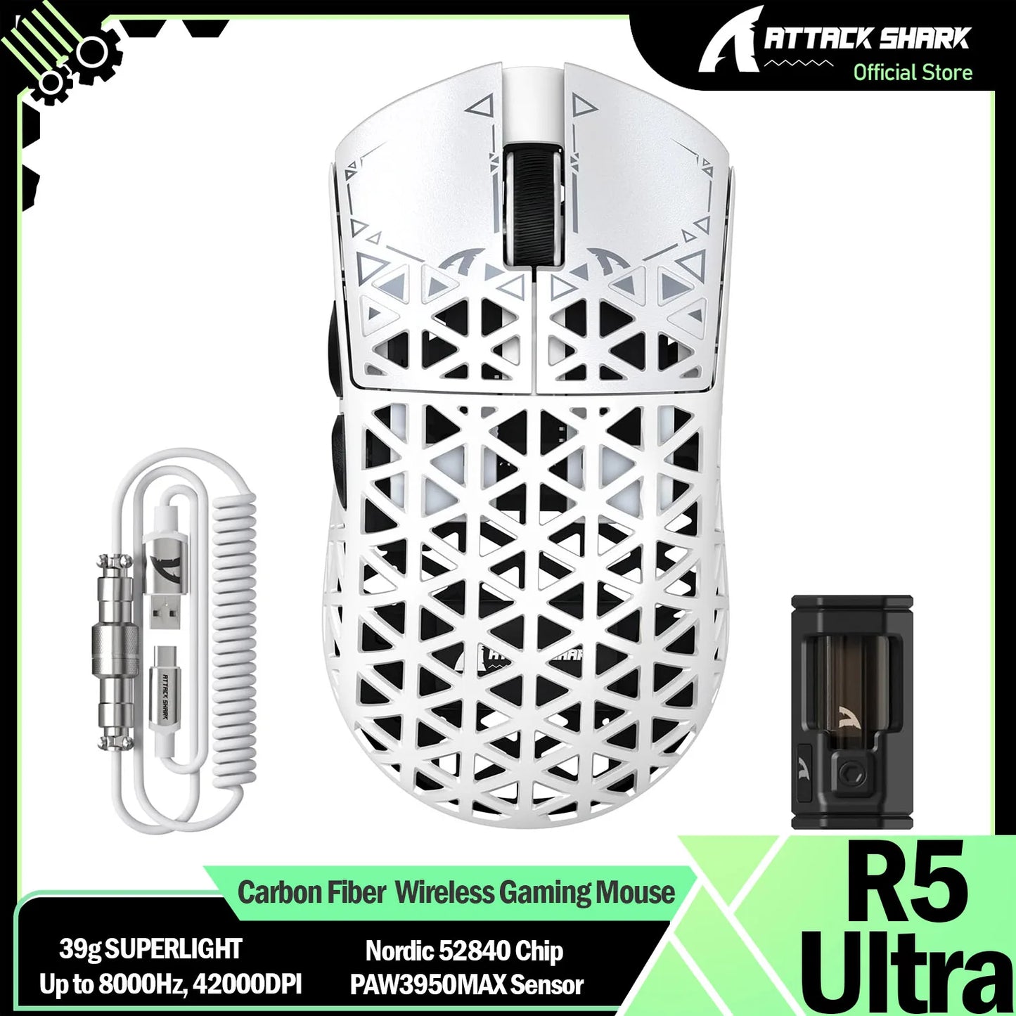 ATTACK SHARK R5 Ultra 39g Carbon Fiber 8000Hz Wireless Gaming Mouse, 42000DPI, PAW3950MAX Sensor, Nordic 52840 Chip, Tri-Mode