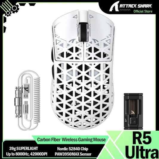 ATTACK SHARK R5 Ultra 39g Carbon Fiber 8000Hz Wireless Gaming Mouse, 42000DPI, PAW3950MAX Sensor, Nordic 52840 Chip, Tri-Mode