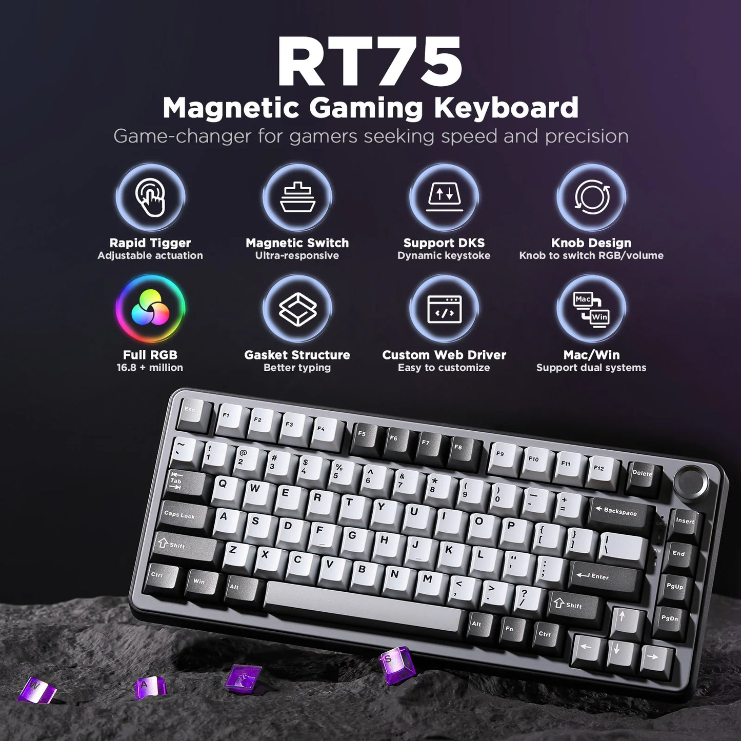 YUNZII RT75 Rapid Trigger Gaming Keyboard, Hall Effect Magnetic Mechanical Keyboards for Gamers, RGB 75% Keyboard for Mac/Win