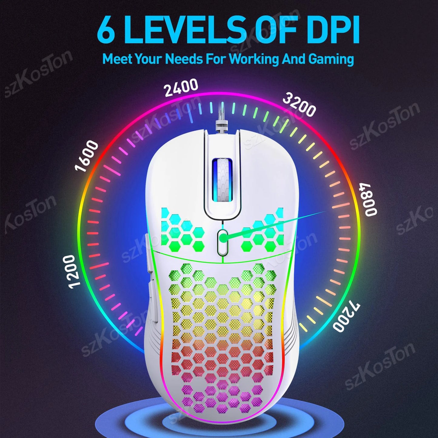 Honeycomb Wired Gaming Mouse RGB Backlight 7200 Adjustable DPI Ergonomic USB Computer Mice for Windows PC & Laptop Gamers