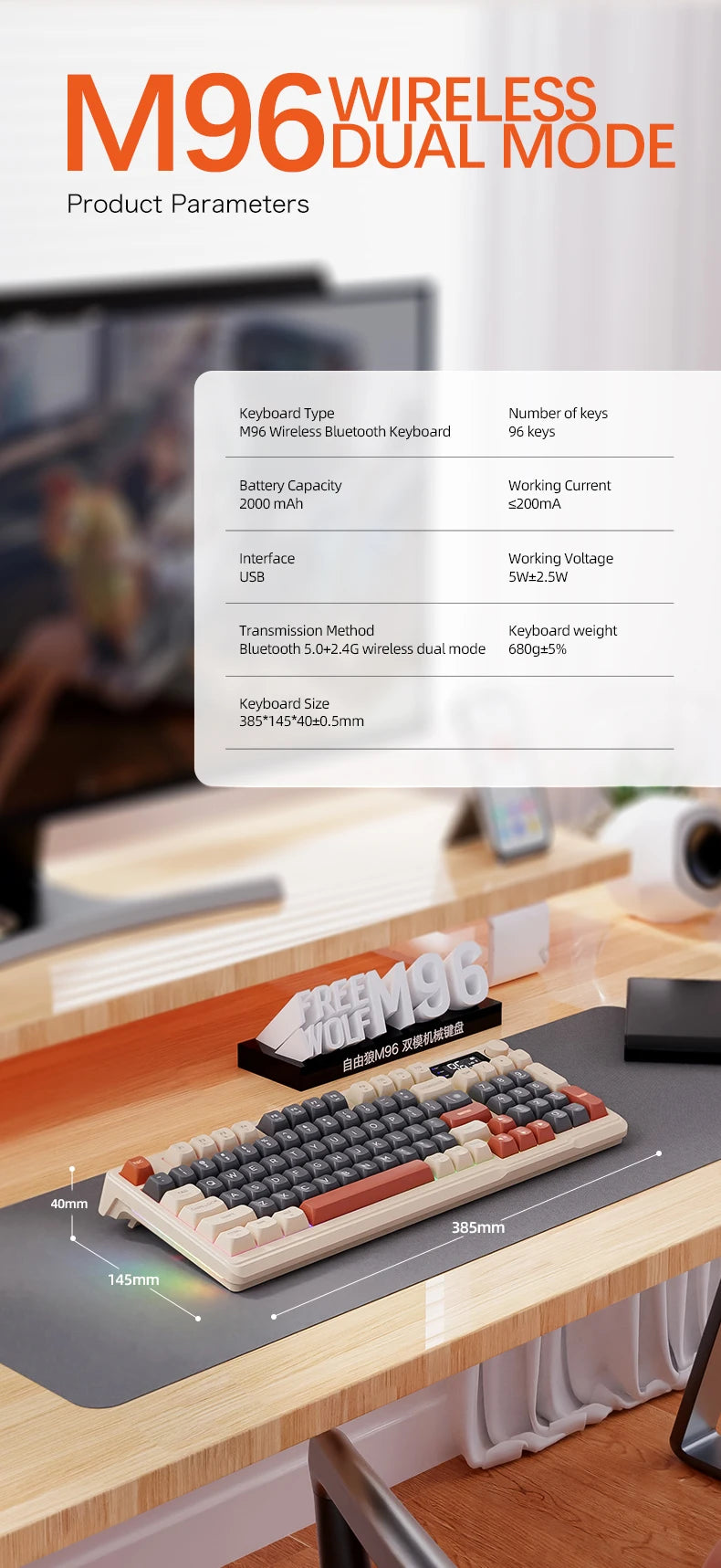 FreeWolf M96 Wireless Keyboard with Screen,Gaming Keyboard Bluetooth Dual-Mode Connection,Multi-Device Linking,Ergonomic