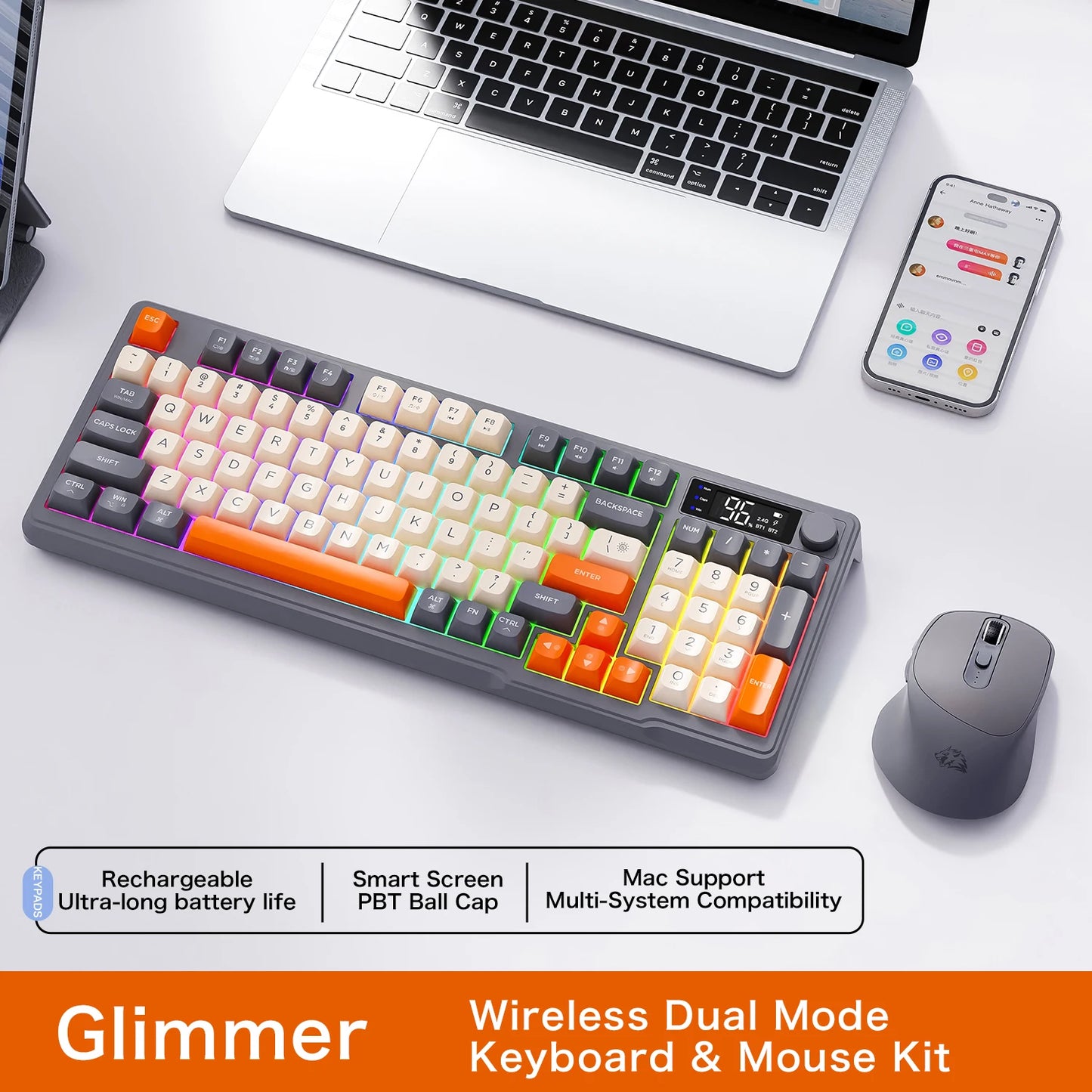 FreeWolf M96 Wireless Keyboard with Screen,Gaming Keyboard Bluetooth Dual-Mode Connection,Multi-Device Linking,Ergonomic