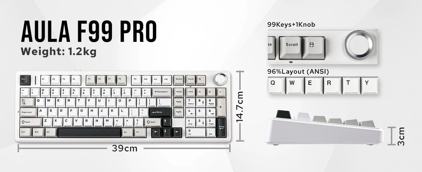 Aula F99 PRO 96% Mechanical Gaming Keyboard BT5.0/USB-C/2.4G Wireless Hot Swappable Gasket Custom Keyboard With 8000mAH Battery