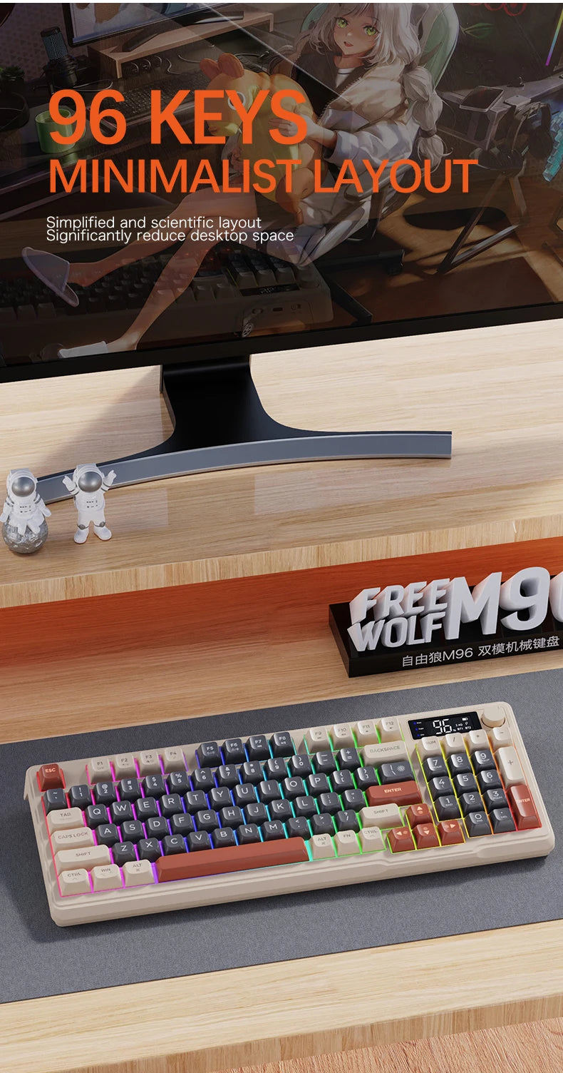 FreeWolf M96 Wireless Keyboard with Screen,Gaming Keyboard Bluetooth Dual-Mode Connection,Multi-Device Linking,Ergonomic