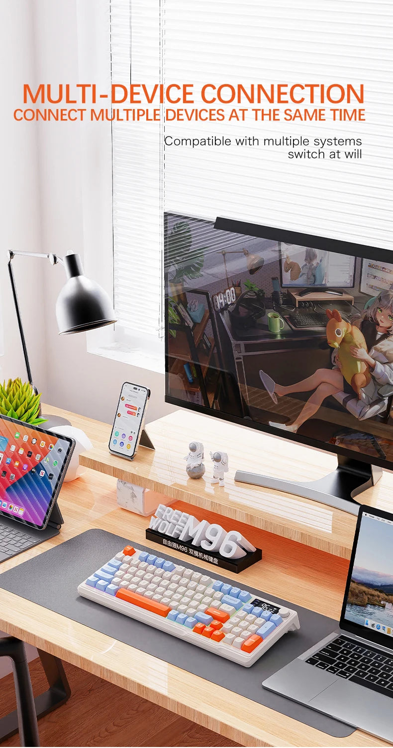 FreeWolf M96 Wireless Keyboard with Screen,Gaming Keyboard Bluetooth Dual-Mode Connection,Multi-Device Linking,Ergonomic