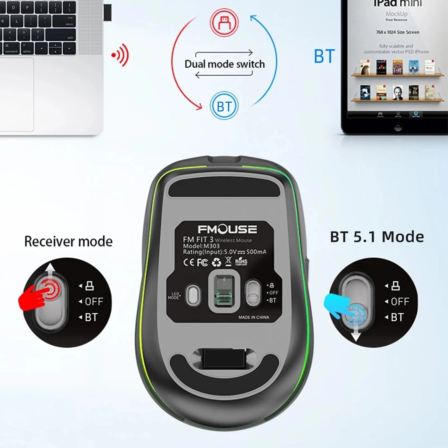 Dual-mode Wireless Mouse USB2.4G+BT5.1 Type-C Rechargeable Gaming Mouse Ergonomic Design 2400 DPI with RGB Light Mice