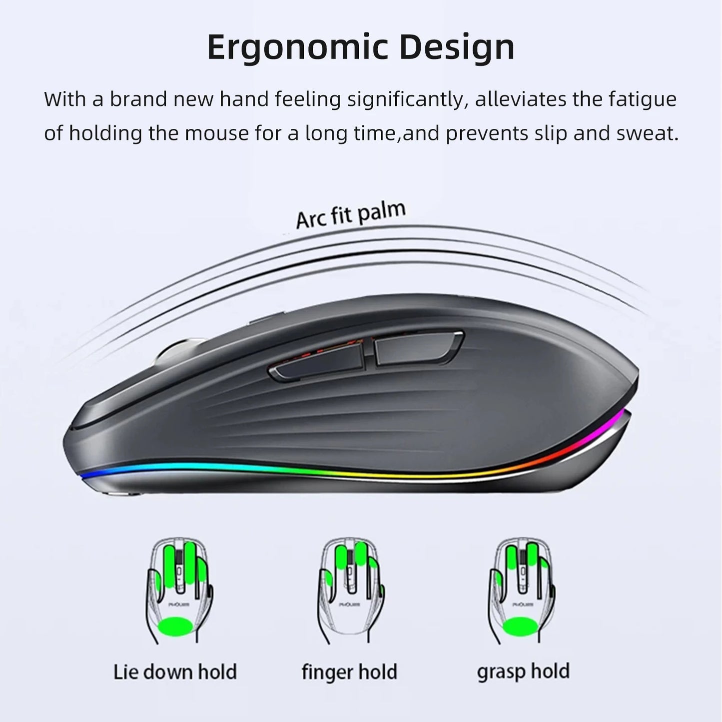 Dual-mode Wireless Mouse USB2.4G+BT5.1 Type-C Rechargeable Gaming Mouse Ergonomic Design 2400 DPI with RGB Light Mice