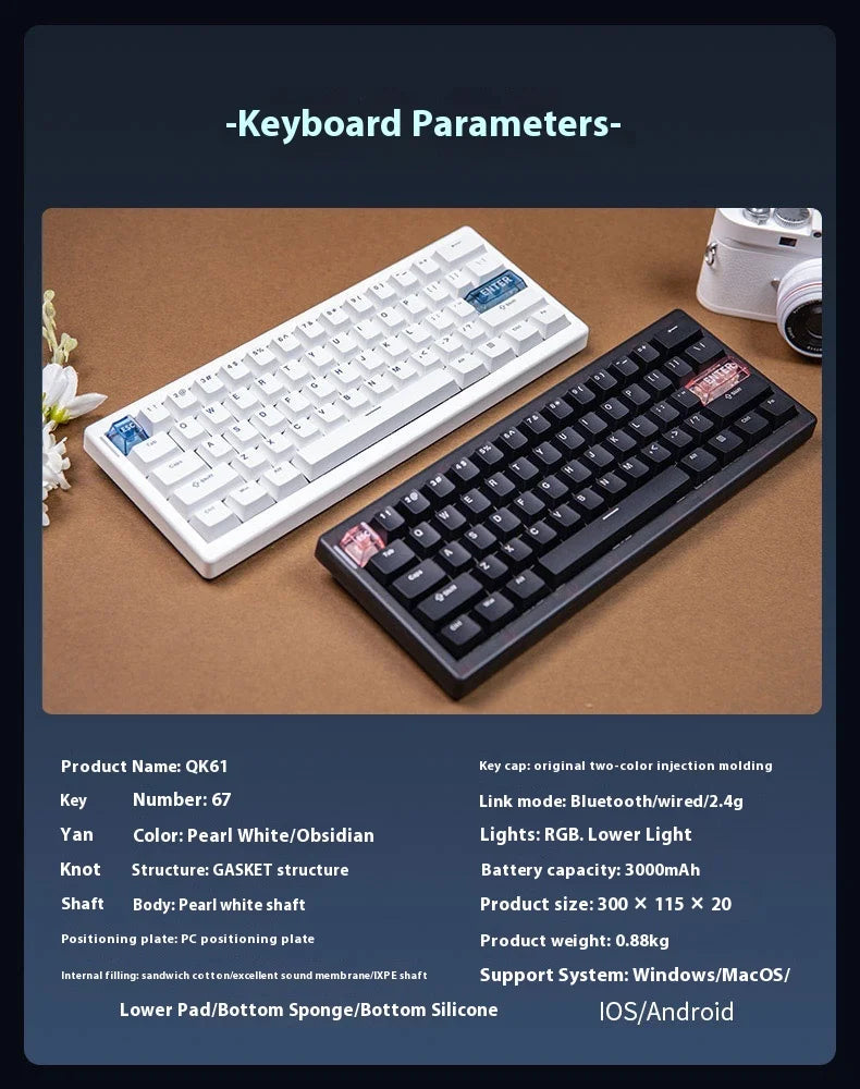 Cidoo QK61 VIA/Qmk Mechanical Keyboard 3-Mode 2.4G Bluetooth Wireless Wired Gasket Customization Gaming keyboard For PC Laptop