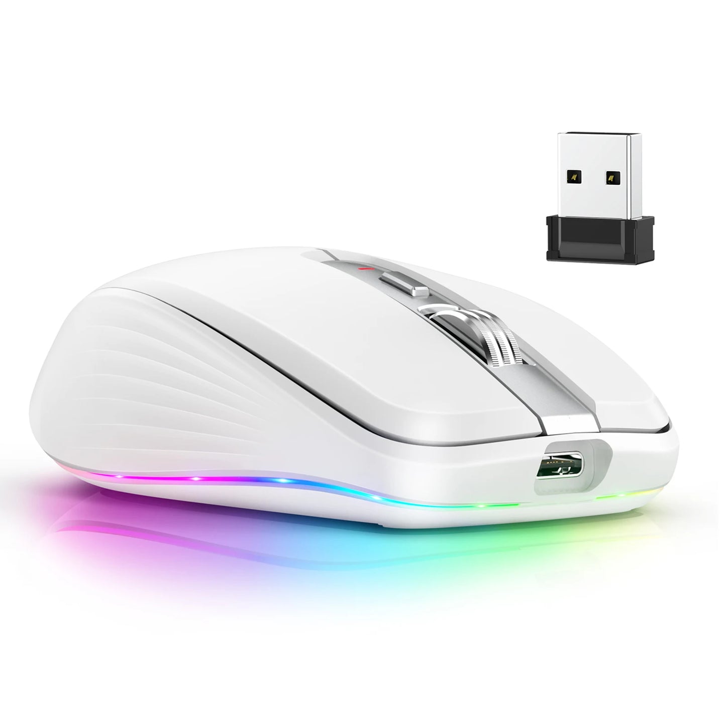 Dual-mode Wireless Mouse USB2.4G+BT5.1 Type-C Rechargeable Gaming Mouse Ergonomic Design 2400 DPI with RGB Light Mice