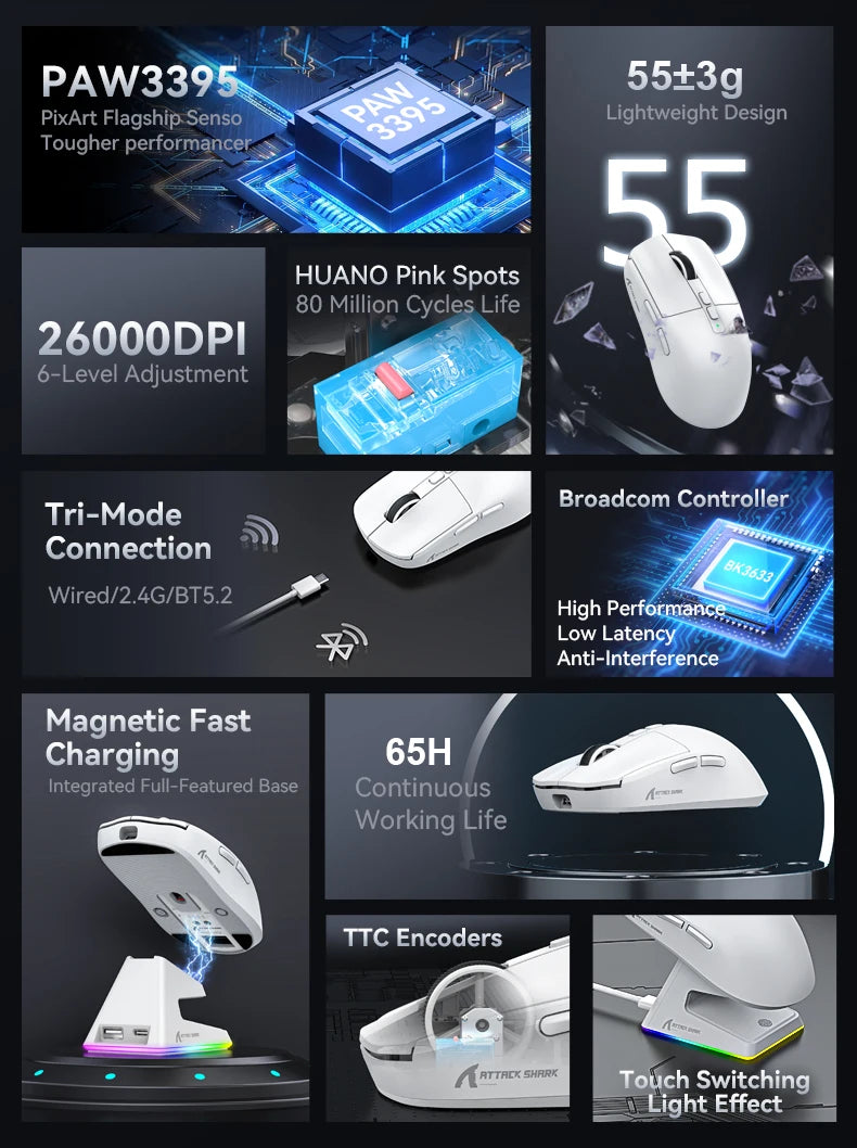ATTACK SHARK X6 Mouse,PAW3395 Bluetooth Tri-Mode Connection,RGB Touch Magnetic Charging Base,Macro Gaming Mouse