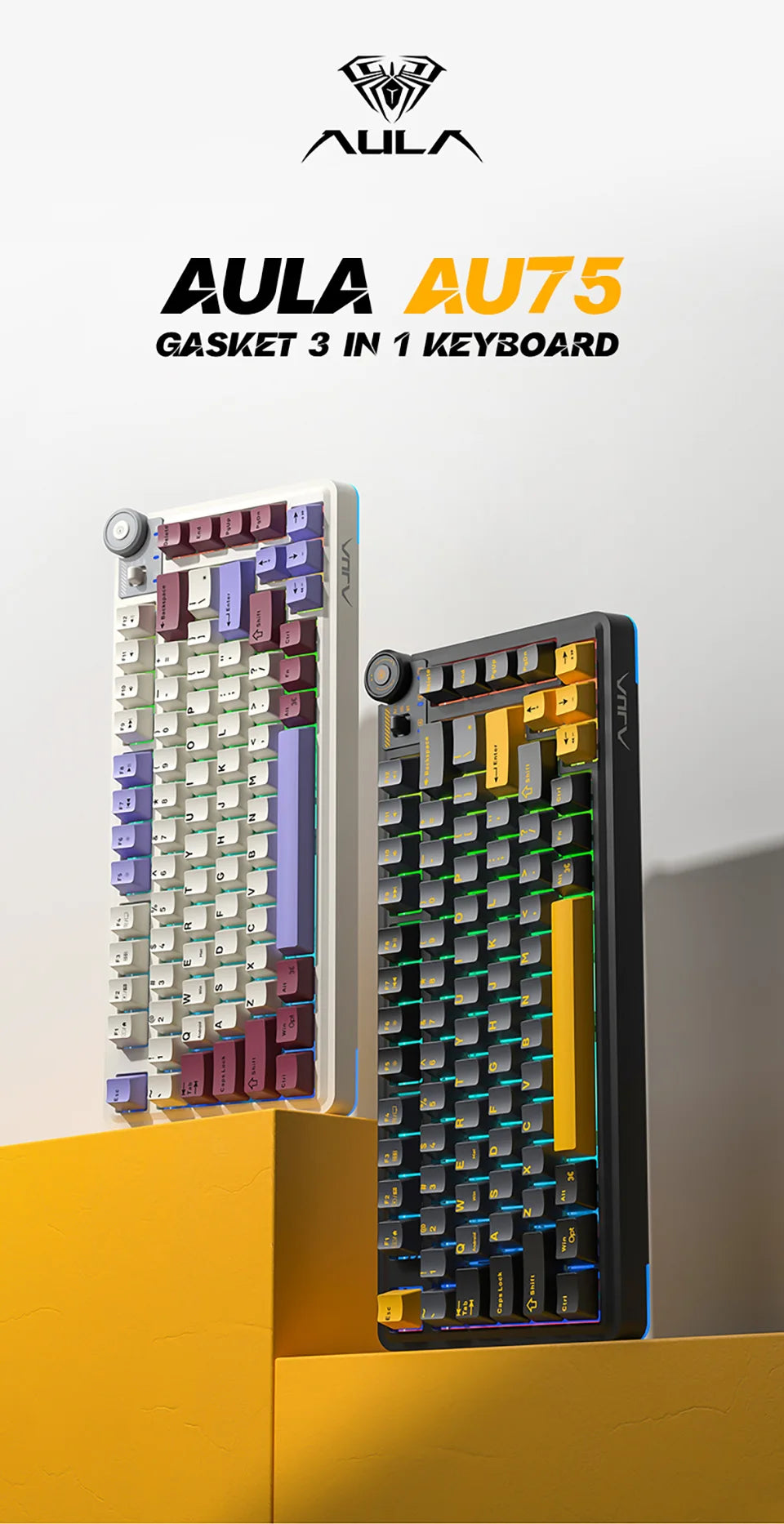 AULA AU75 Esports Gaming Mechanical Keyboard Three Mode 81 Keys PBT Keycap Hot Swappable RGB PC Desktop Typing Wireless Keyboard