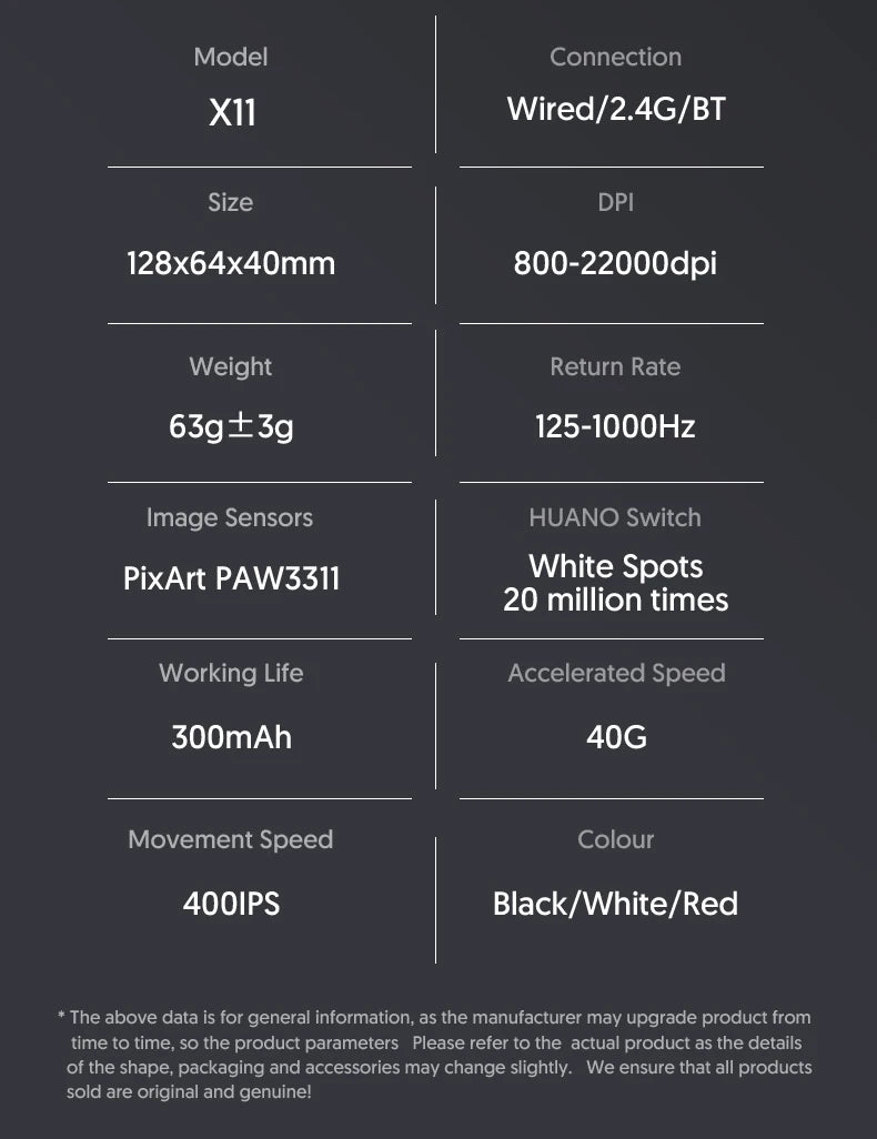 Attack Shark X11 3-Mode Connection /2.4GHz/Bluetooth ,PAW3311 ,400IPS,22K000DPI,RGB ,PC  Wireless Gaming Mouse