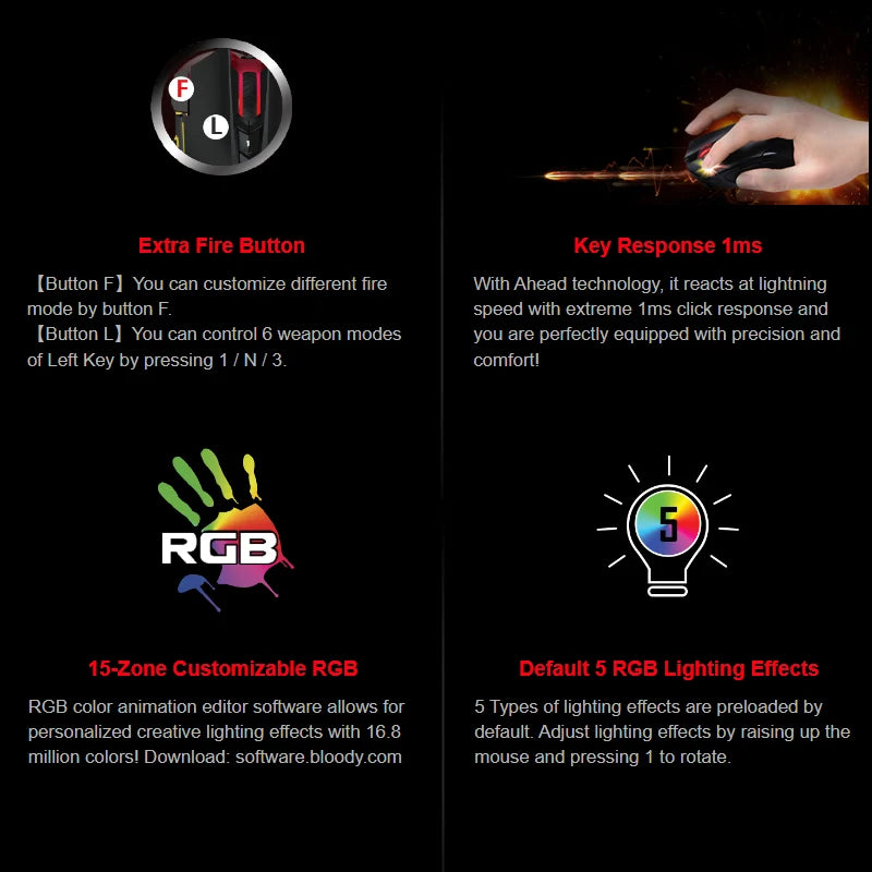 Bloody J90s Gaming Mouse, BC3332-S Gaming Engine, 8000 CPI, Acceleration 25 g, Metal X'Glide Armor Boot