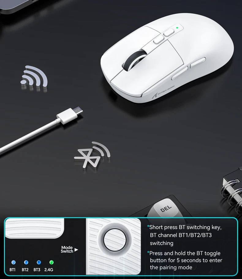 Attack Shark X6 PAW3395 Bluetooth Mouse,Tri-Mode Connection,RGB Touch Magnetic Charging Base,Macro Gaming Mouse
