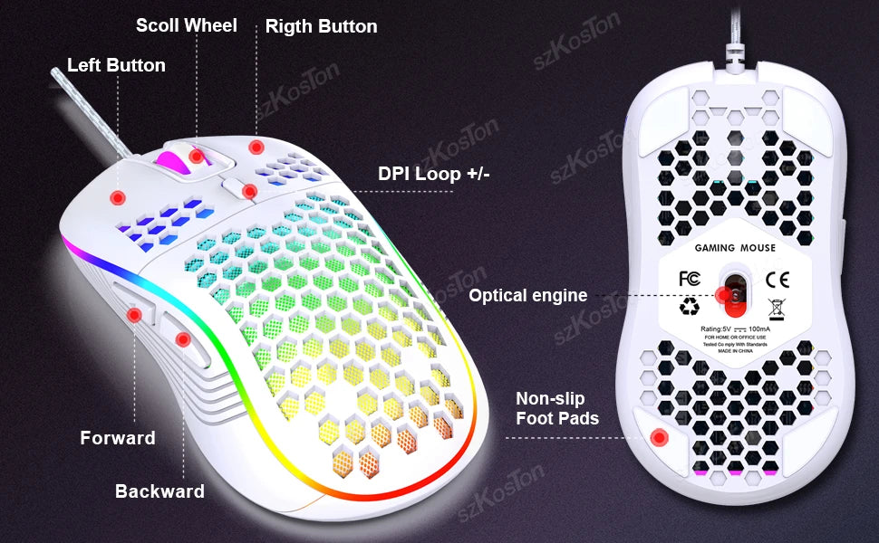 Honeycomb Wired Gaming Mouse RGB Backlight 7200 Adjustable DPI Ergonomic USB Computer Mice for Windows PC & Laptop Gamers